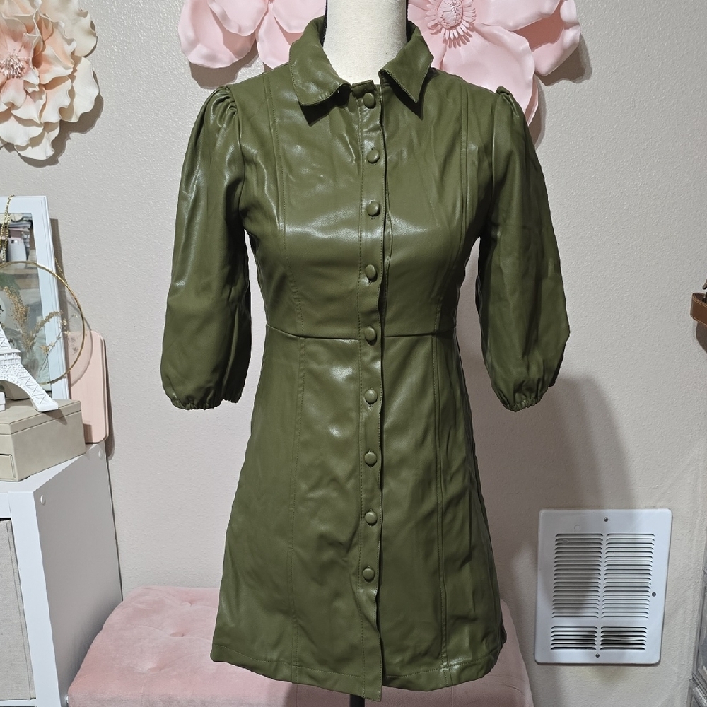 Forever 21 Olive Green Faux Leather Mini Dress | Button Front | Size S | NWT
